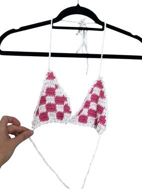 Frankie's Bikinis White & Pink Crochet Triangle Bikini Top